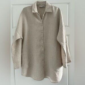 Chicos 100% Linen Button Up Top Shirt Pockets Coastal Minimalist Size 3 Neutral